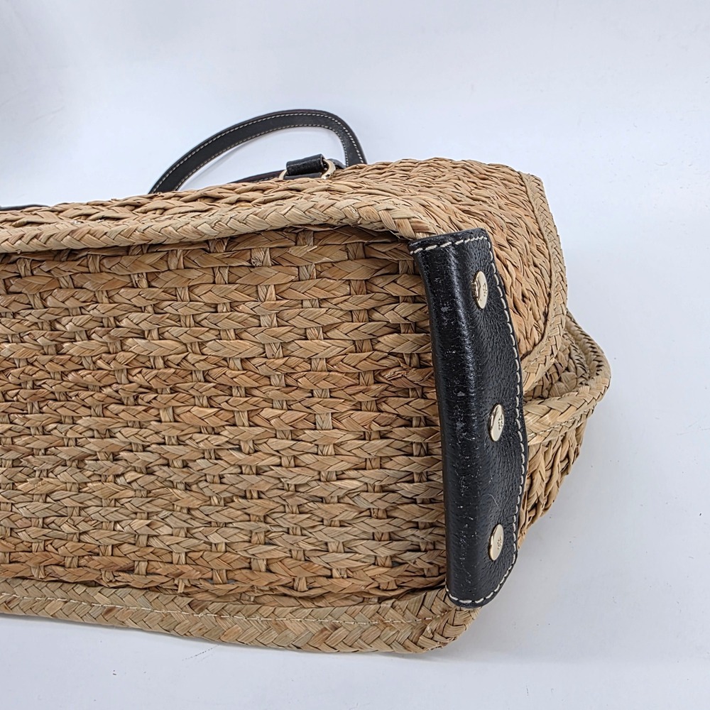 Kate Spade New York Woven Straw Shoulder Bag Tan Black Leather Trim Turnlock - Picture 11 of 12